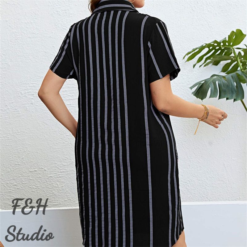 F&H 3326 XL-3XL Women Trendy Plus Size Loose Striped Shirt Dress Black