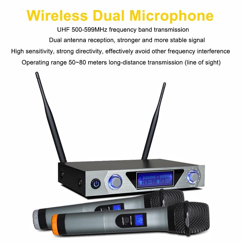 UHF Dual Wireless Microphone Karaoke Dynamic Handheld Party Family Speech Wireless Microphone
