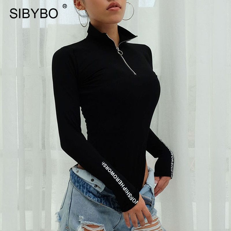 Letter Long Sleeve Sexy Women Bodysuit Autumn Winter Turtleneck Zipper Rompers Womens Jumpsuit Casual Overalls(#Black)