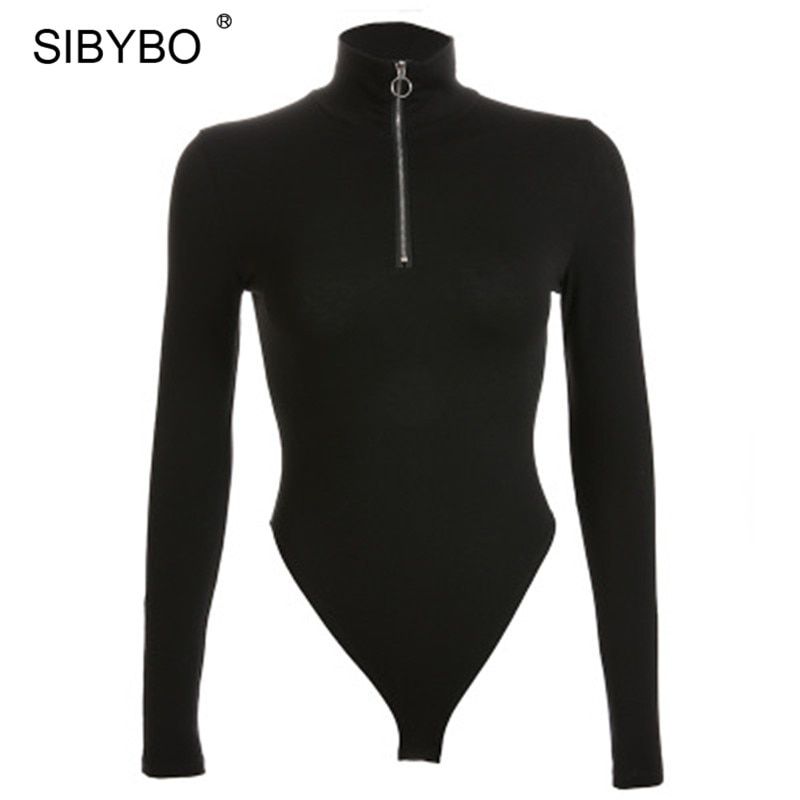 Letter Long Sleeve Sexy Women Bodysuit Autumn Winter Turtleneck Zipper Rompers Womens Jumpsuit Casual Overalls(#Black)