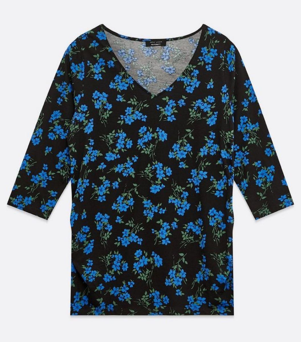 V-neckline Blue Floral Black Maternity Top