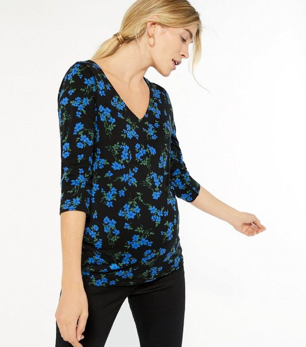 V-neckline Blue Floral Black Maternity Top