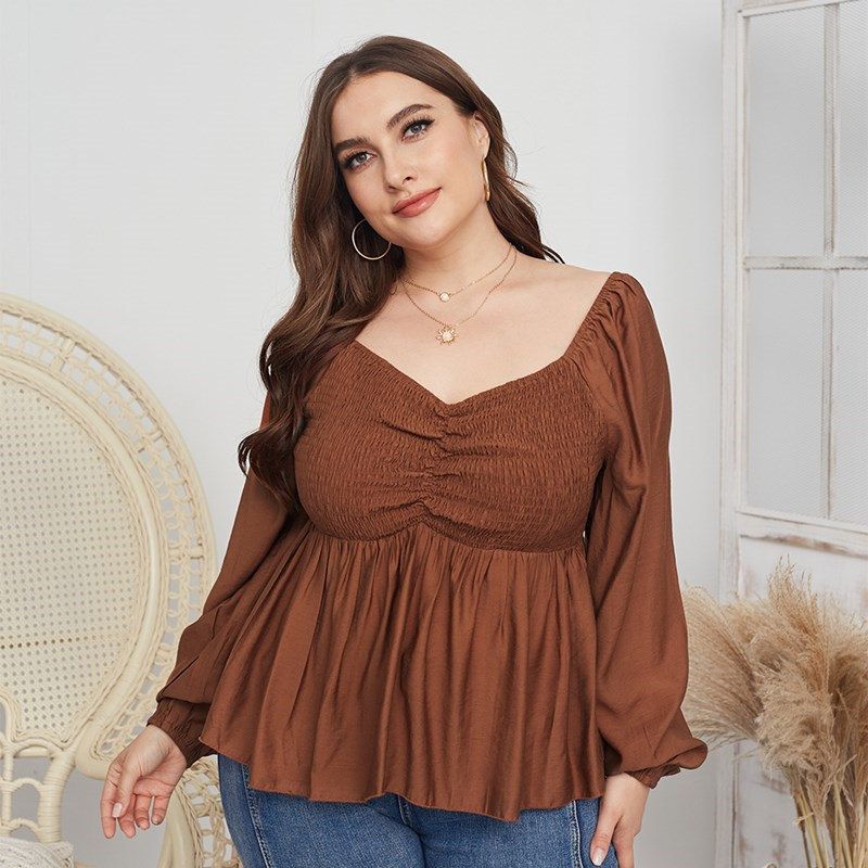 XL-4XL Women V Neck Long Sleeve Plus Size Blouse Caramel 2521