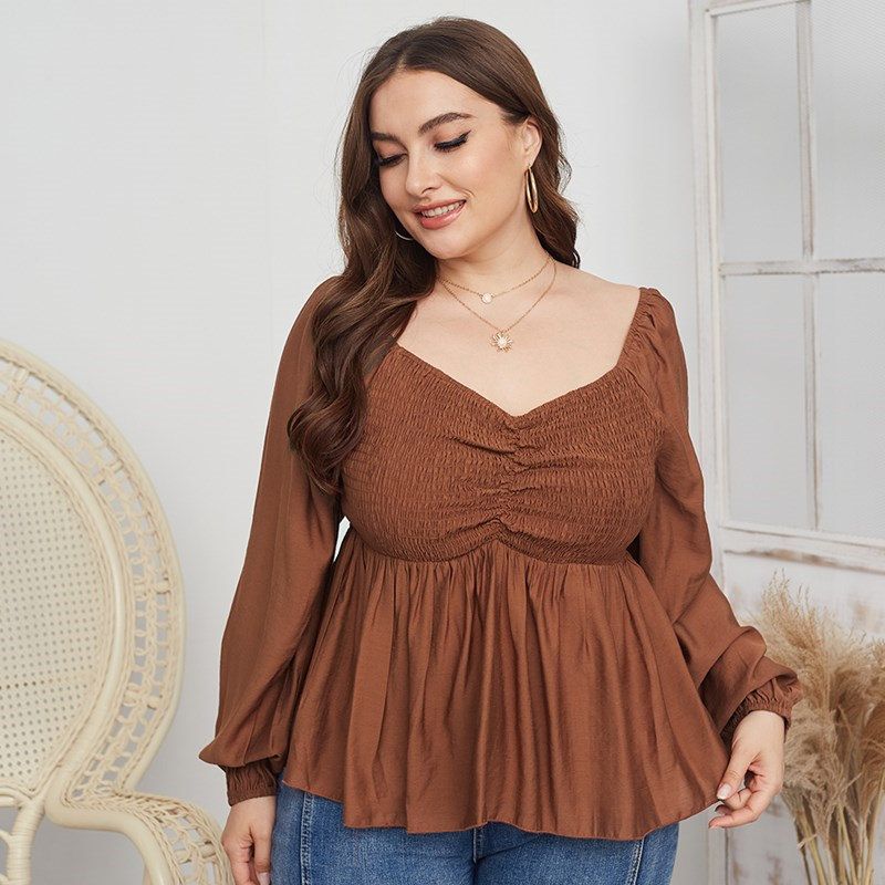 XL-4XL Women V Neck Long Sleeve Plus Size Blouse Caramel 2521