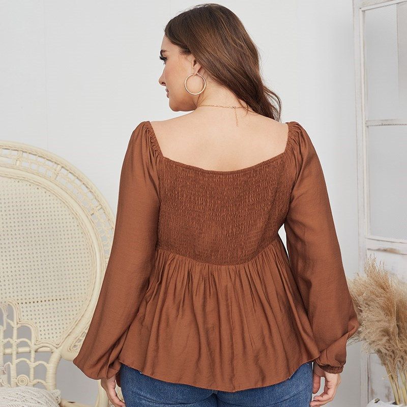 XL-4XL Women V Neck Long Sleeve Plus Size Blouse Caramel 2521