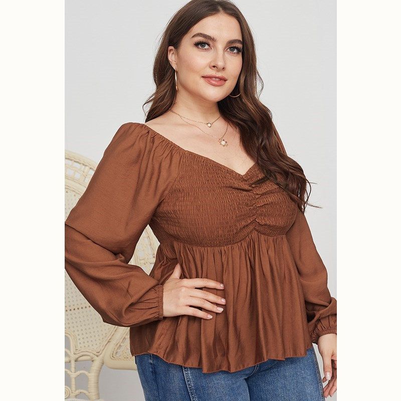 XL-4XL Women V Neck Long Sleeve Plus Size Blouse Caramel 2521