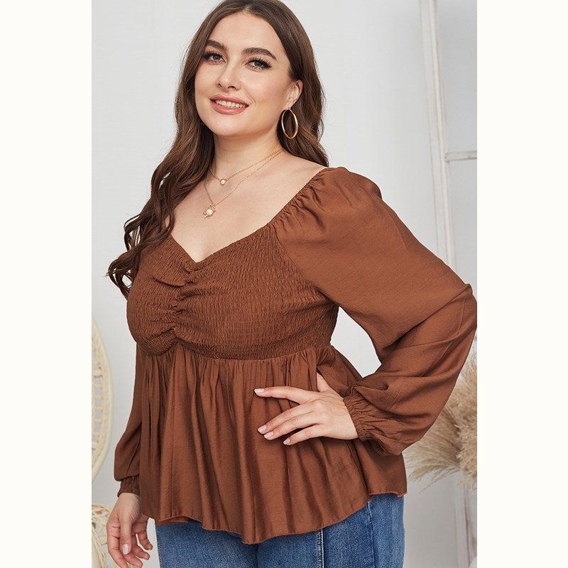 XL-4XL Women V Neck Long Sleeve Plus Size Blouse Caramel 2521