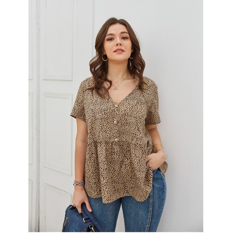 XL-4XL Women V Neck Short Sleeve Leopard Print Plus Size Blouse Khaki 2576