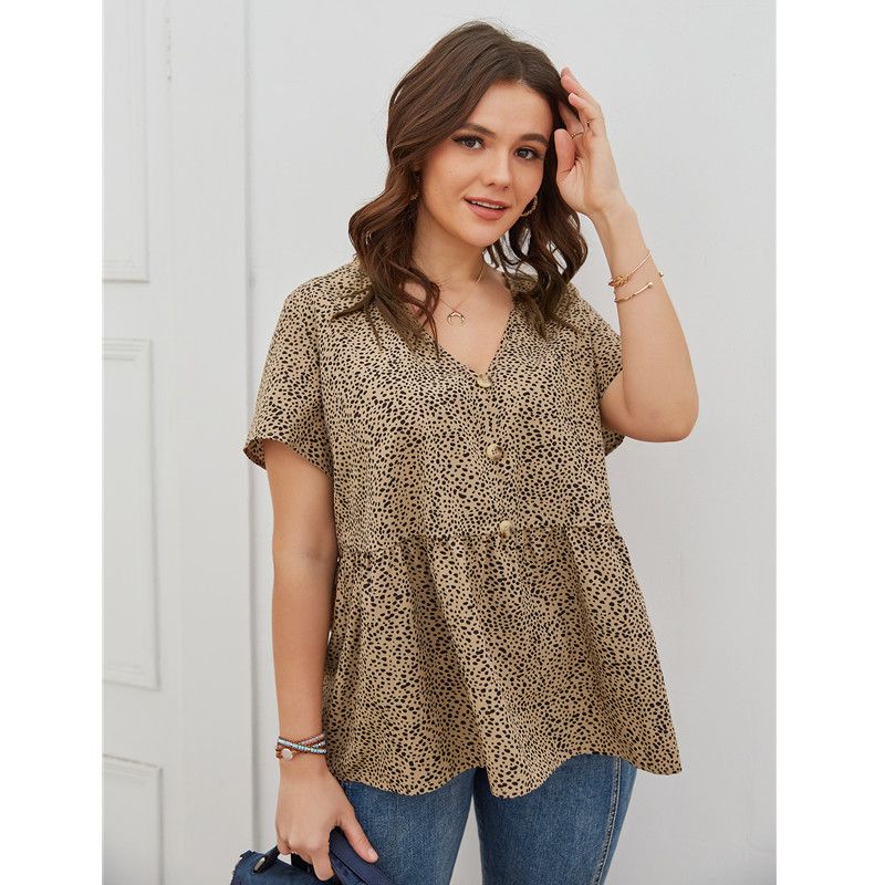 XL-4XL Women V Neck Short Sleeve Leopard Print Plus Size Blouse Khaki 2576