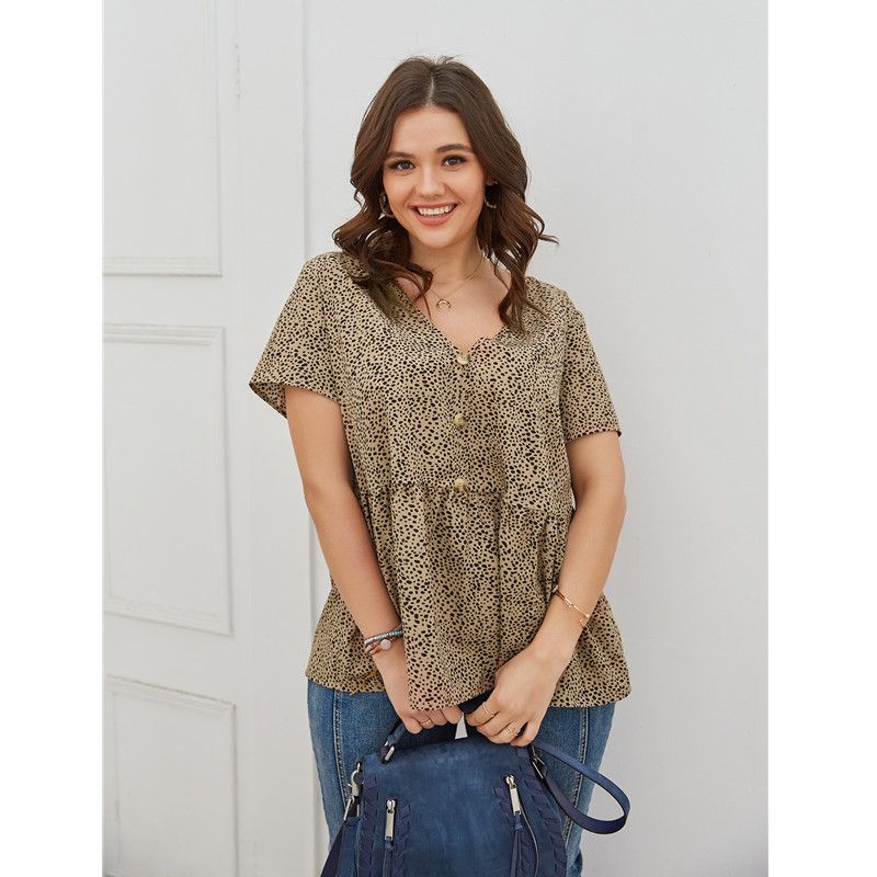 XL-4XL Women V Neck Short Sleeve Leopard Print Plus Size Blouse Khaki 2576