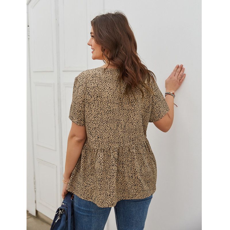 XL-4XL Women V Neck Short Sleeve Leopard Print Plus Size Blouse Khaki 2576