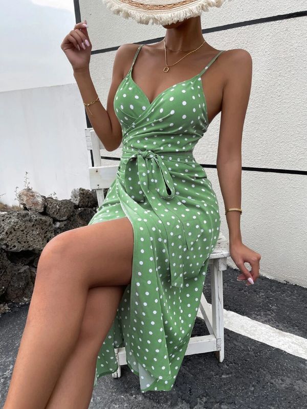 Women's Polka Dot Print Tie Front Wrap Corporate Casual Dinner Dress - Green