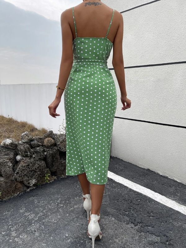 Women's Polka Dot Print Tie Front Wrap Corporate Casual Dinner Dress - Green