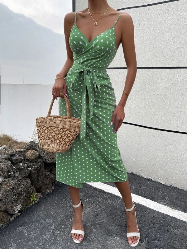 Women's Polka Dot Print Tie Front Wrap Corporate Casual Dinner Dress - Green