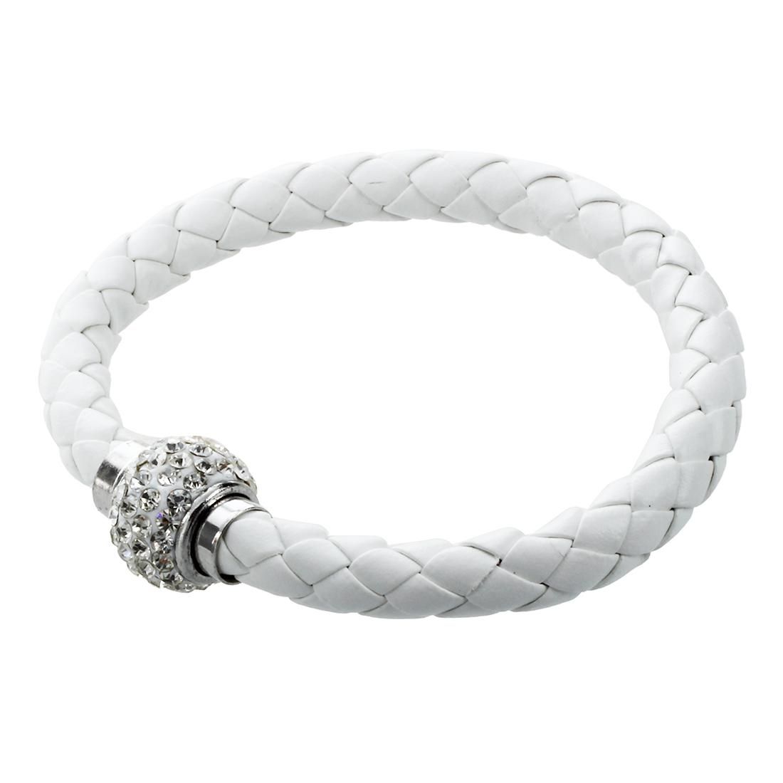 White Braided Bracelet Wristband Bangle Magnetic Clasp PU Rh