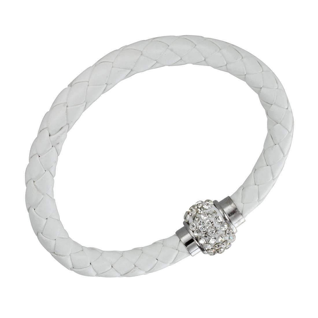 White Braided Bracelet Wristband Bangle Magnetic Clasp PU Rh