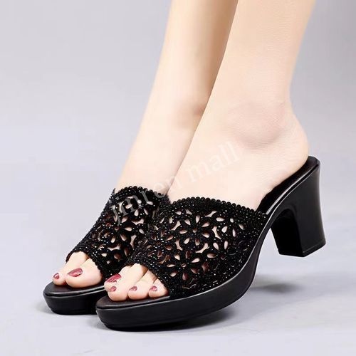 Ladies Fashion Thick Heel Slippers-Black