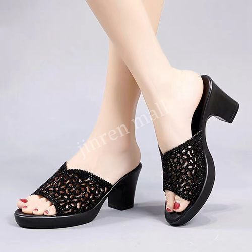 Ladies Fashion Thick Heel Slippers-Black