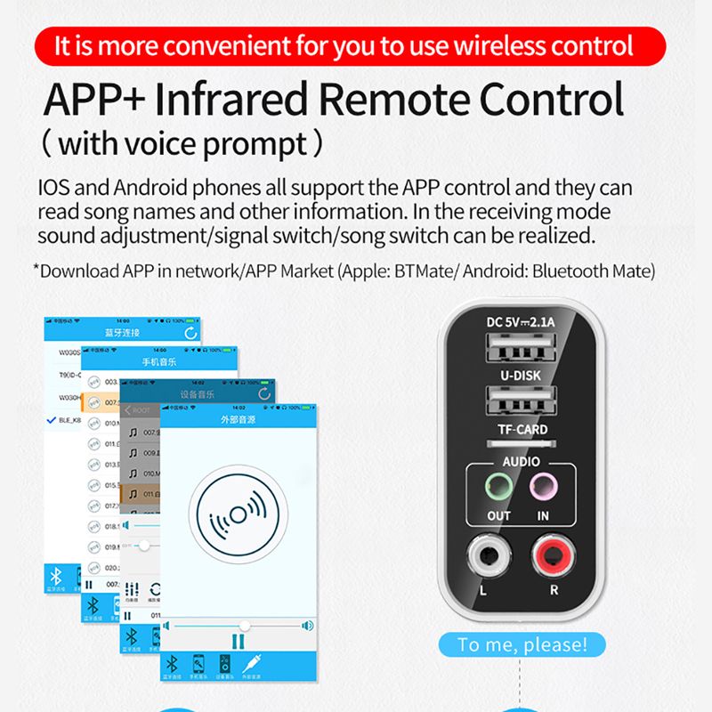 Tebe 2 In 1 Receiver Transmitter 3.5mmA Wireless Audio Adapter U Disk/TF Play Support APP Control USB Charger Black EU
