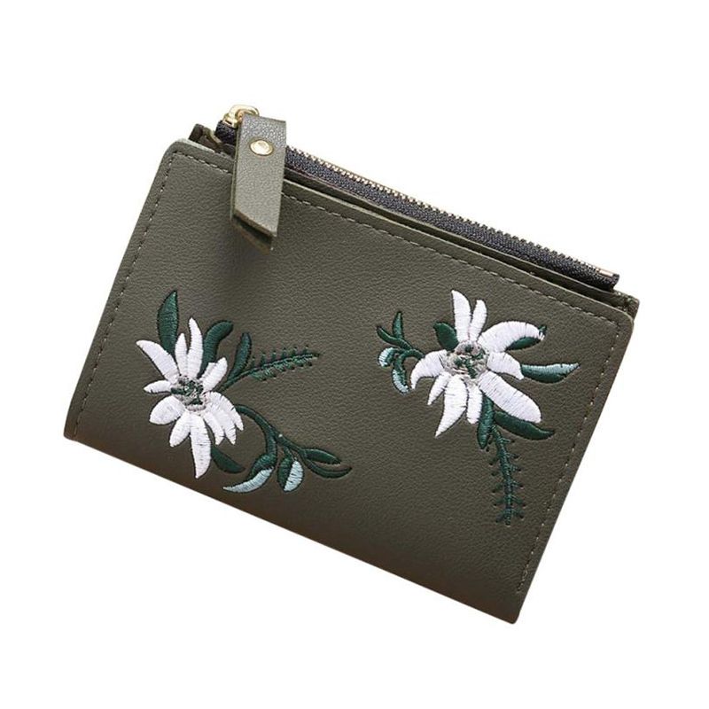 Embroidery Short Wallet PU Leather Wallets Female Floral Hasp Coin Purse Zipper Bag Card Holders(Army Green)