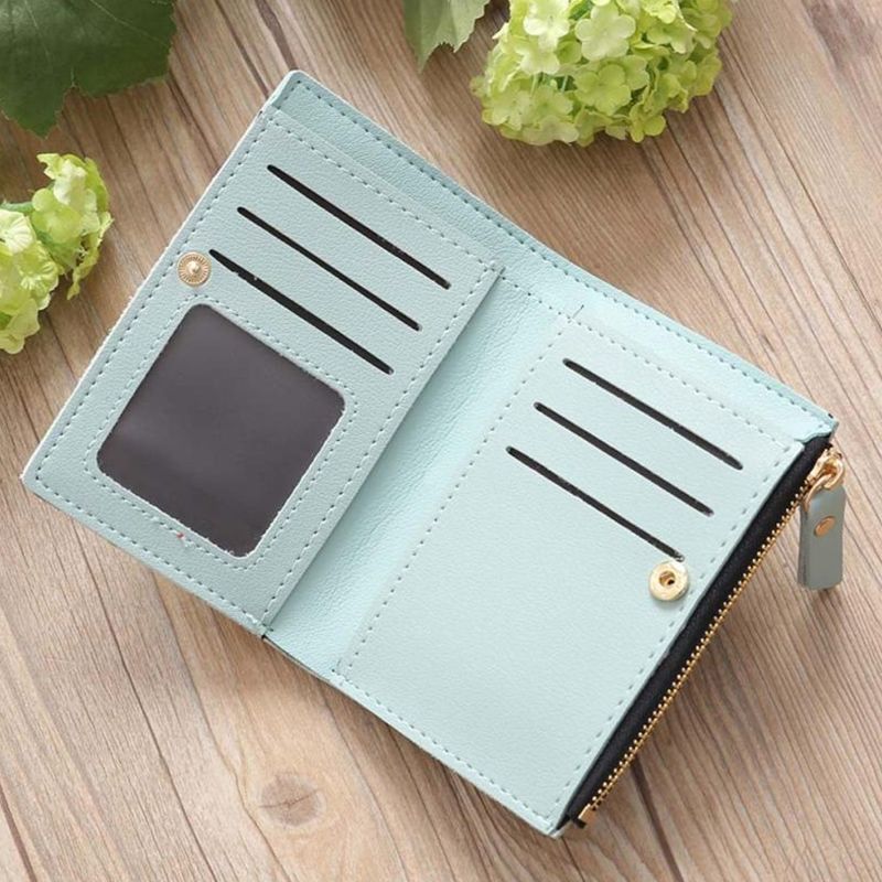 Embroidery Short Wallet PU Leather Wallets Female Floral Hasp Coin Purse Zipper Bag Card Holders(Army Green)