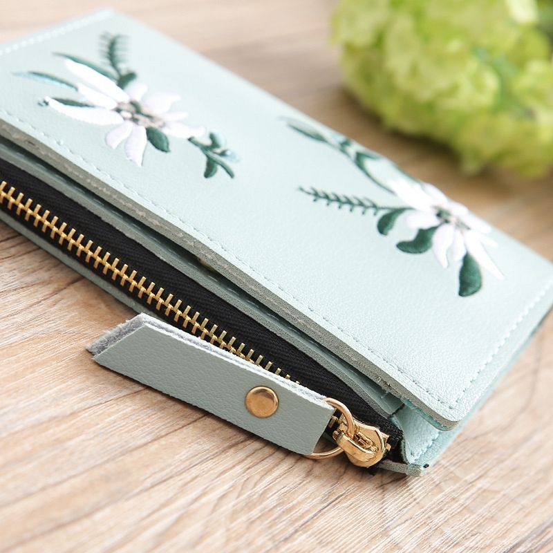 Embroidery Short Wallet PU Leather Wallets Female Floral Hasp Coin Purse Zipper Bag Card Holders(Army Green)
