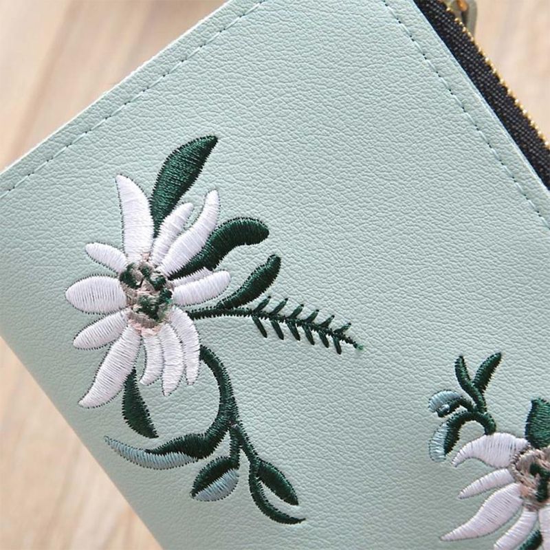 Embroidery Short Wallet PU Leather Wallets Female Floral Hasp Coin Purse Zipper Bag Card Holders(Army Green)