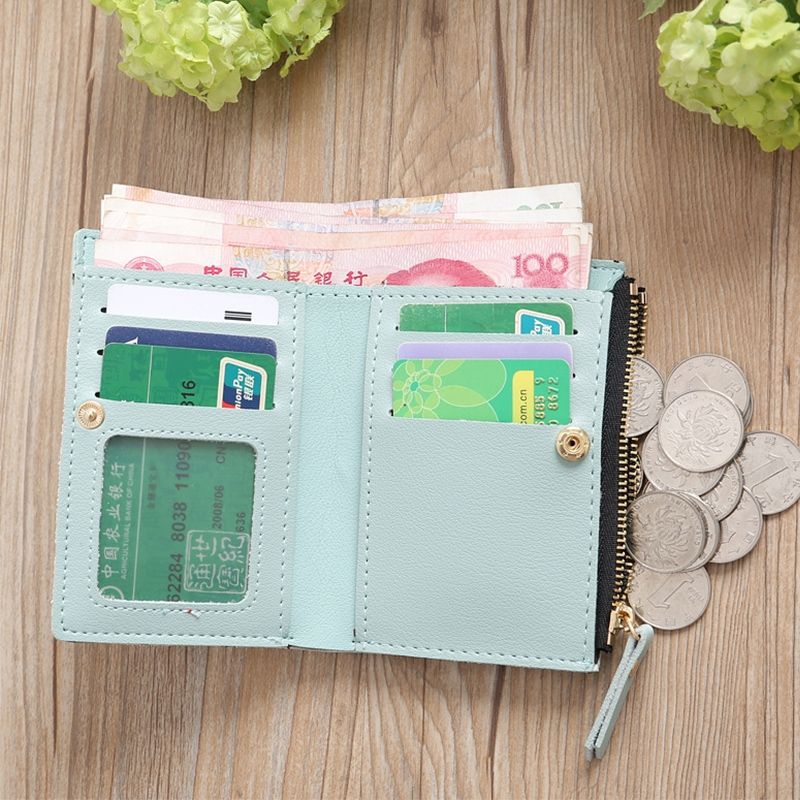 Embroidery Short Wallet PU Leather Wallets Female Floral Hasp Coin Purse Zipper Bag Card Holders(Army Green)