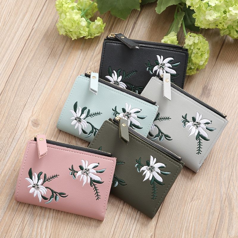 Embroidery Short Wallet PU Leather Wallets Female Floral Hasp Coin Purse Zipper Bag Card Holders(Army Green)