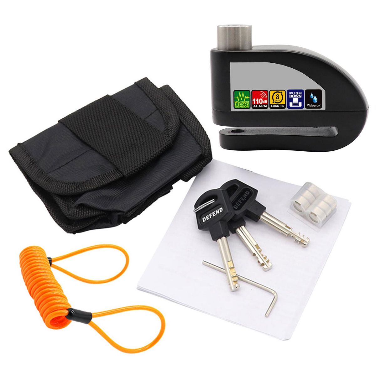 Alarm Disc Lock Up to 110db Waterproof Sound Alarm Anti-Theft Guard Shock Sensor with Reminder Cable and Carrying Bag Dual Mode Disc Brake Lock for Motorcycles, Bicycles, Scooters