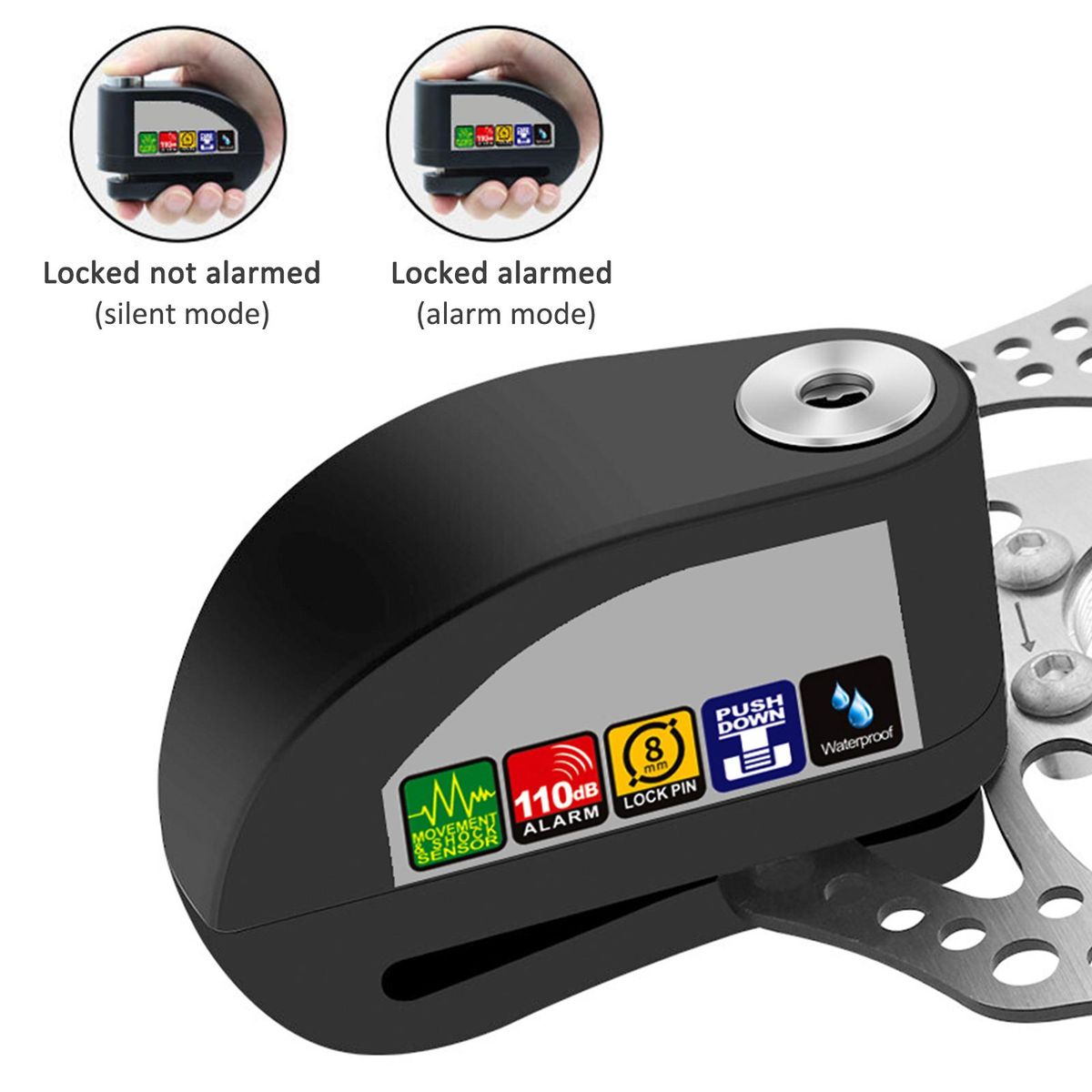 Alarm Disc Lock Up to 110db Waterproof Sound Alarm Anti-Theft Guard Shock Sensor with Reminder Cable and Carrying Bag Dual Mode Disc Brake Lock for Motorcycles, Bicycles, Scooters