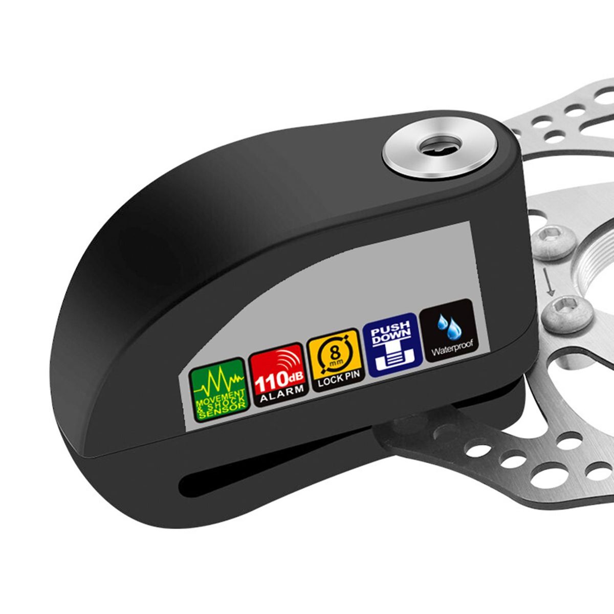 Alarm Disc Lock Up to 110db Waterproof Sound Alarm Anti-Theft Guard Shock Sensor with Reminder Cable and Carrying Bag Dual Mode Disc Brake Lock for Motorcycles, Bicycles, Scooters