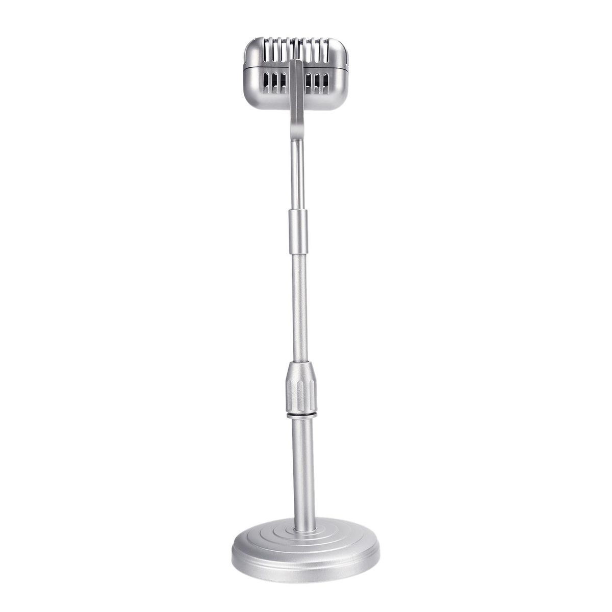 Vintage Desktop Microphone Prop Model with Adjustable Height, Classic Retro Style Microphone Stand Fake Mic Prop,Silver