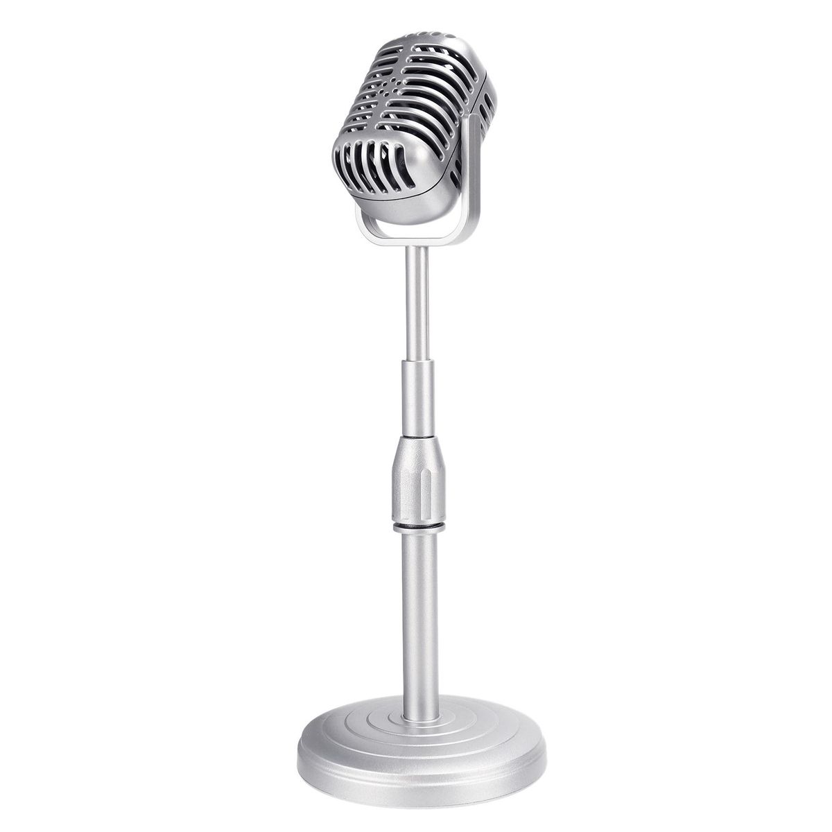Vintage Desktop Microphone Prop Model with Adjustable Height, Classic Retro Style Microphone Stand Fake Mic Prop,Silver