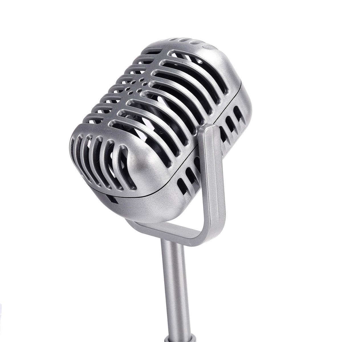 Vintage Desktop Microphone Prop Model with Adjustable Height, Classic Retro Style Microphone Stand Fake Mic Prop,Silver