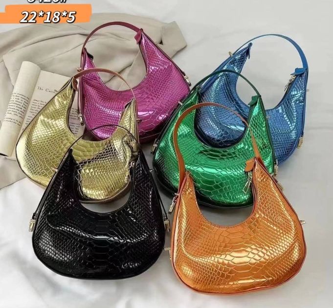 Glossy Crocodile Skin Design Fashion Bag- Gold