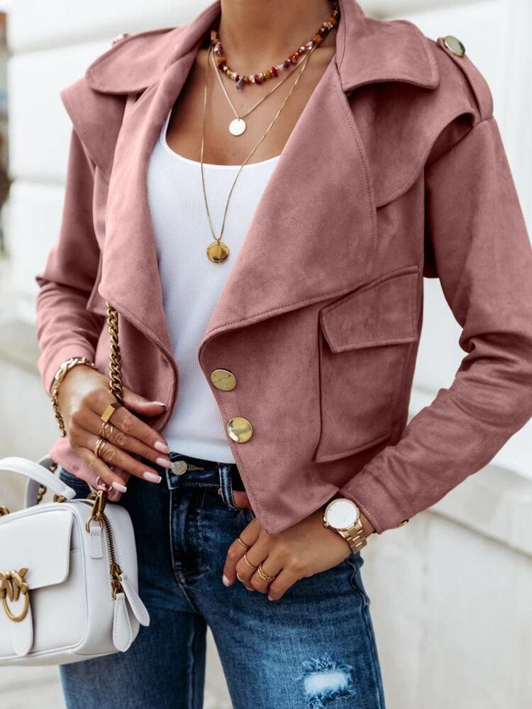 Women Solid Faux Suede Button Up Lapel Casual Long Sleeve Jacket With Pocket