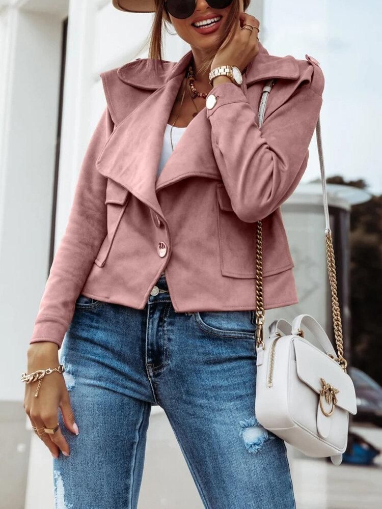 Women Solid Faux Suede Button Up Lapel Casual Long Sleeve Jacket With Pocket