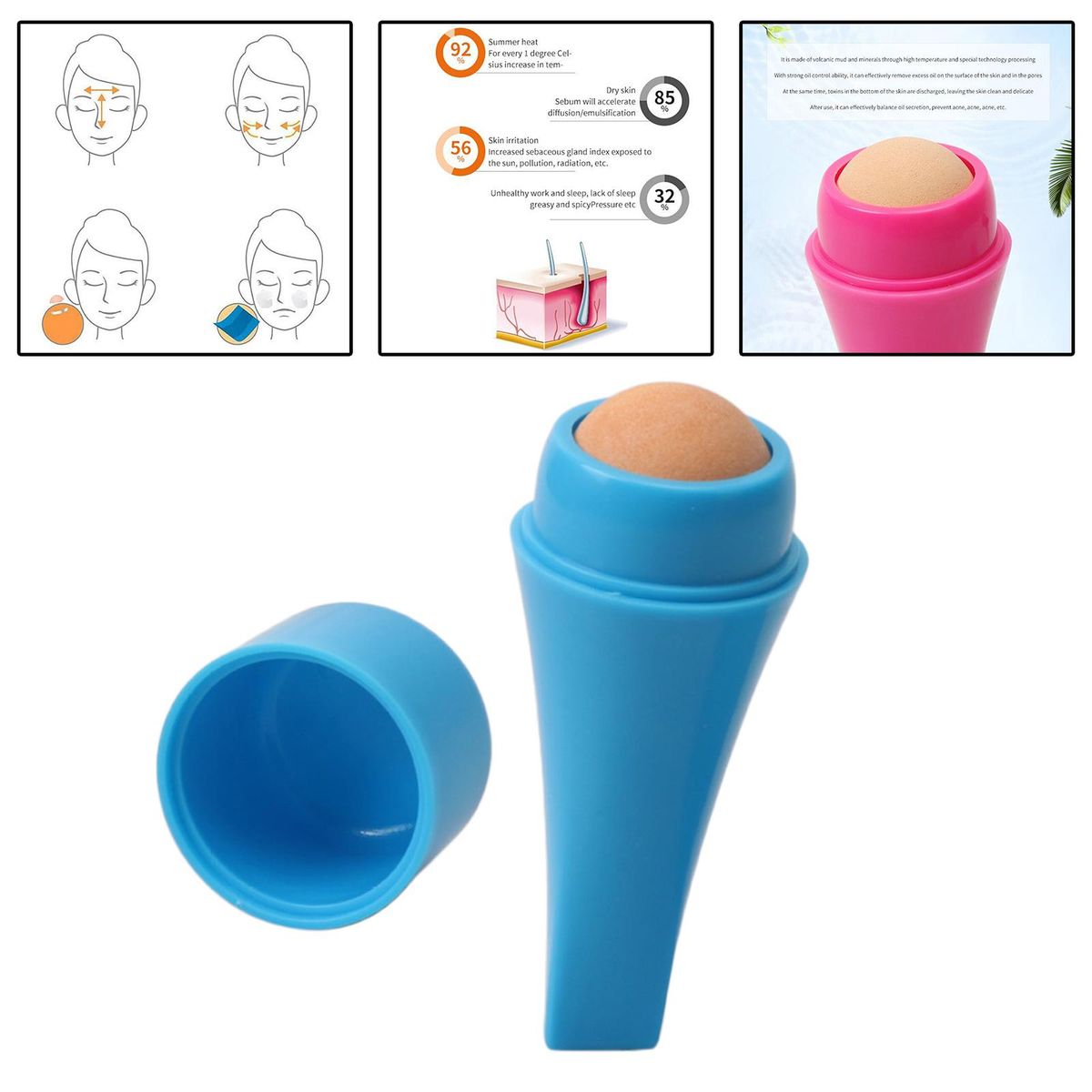Face Oil-Absorbing Volcanic Face Roller Tool Oil Control Rolling Blue