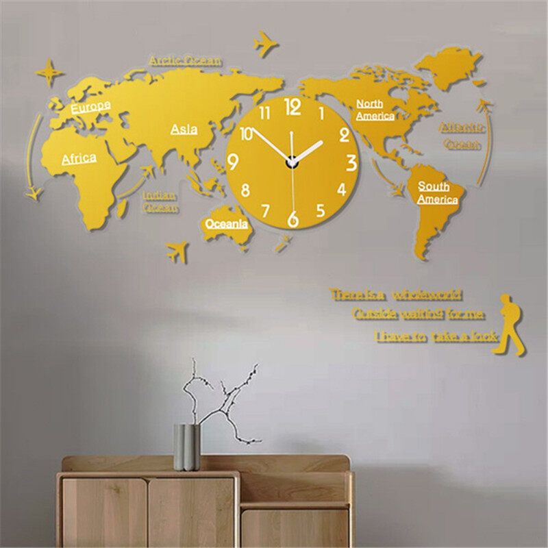 [2020 NEW] 3D World Map Wall Clock Modern Design Digital Hanging Clock Quiet Acrylic Gold