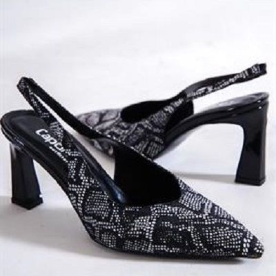 Ladies Pointed Toe Slingback Snake Pattern Mid Heel Glittery Shoes-Black