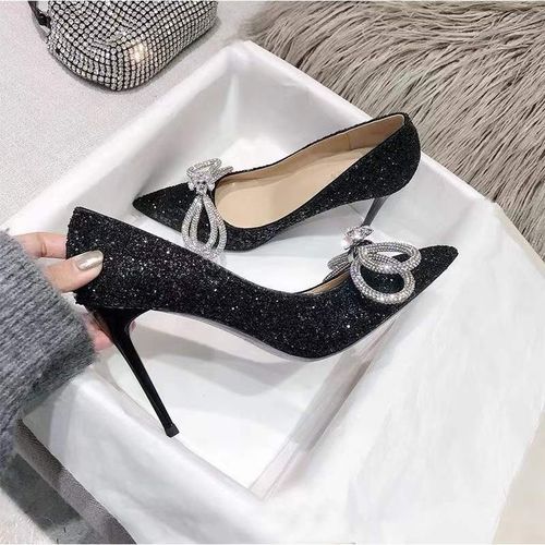 Beautiful Elegant Shiny Rhinestone Bridal Wedding Stiletto Heels -Black