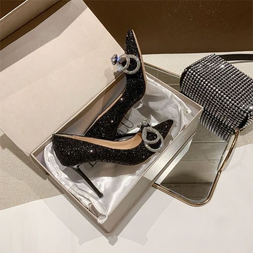 Beautiful Elegant Shiny Rhinestone Bridal Wedding Stiletto Heels -Black