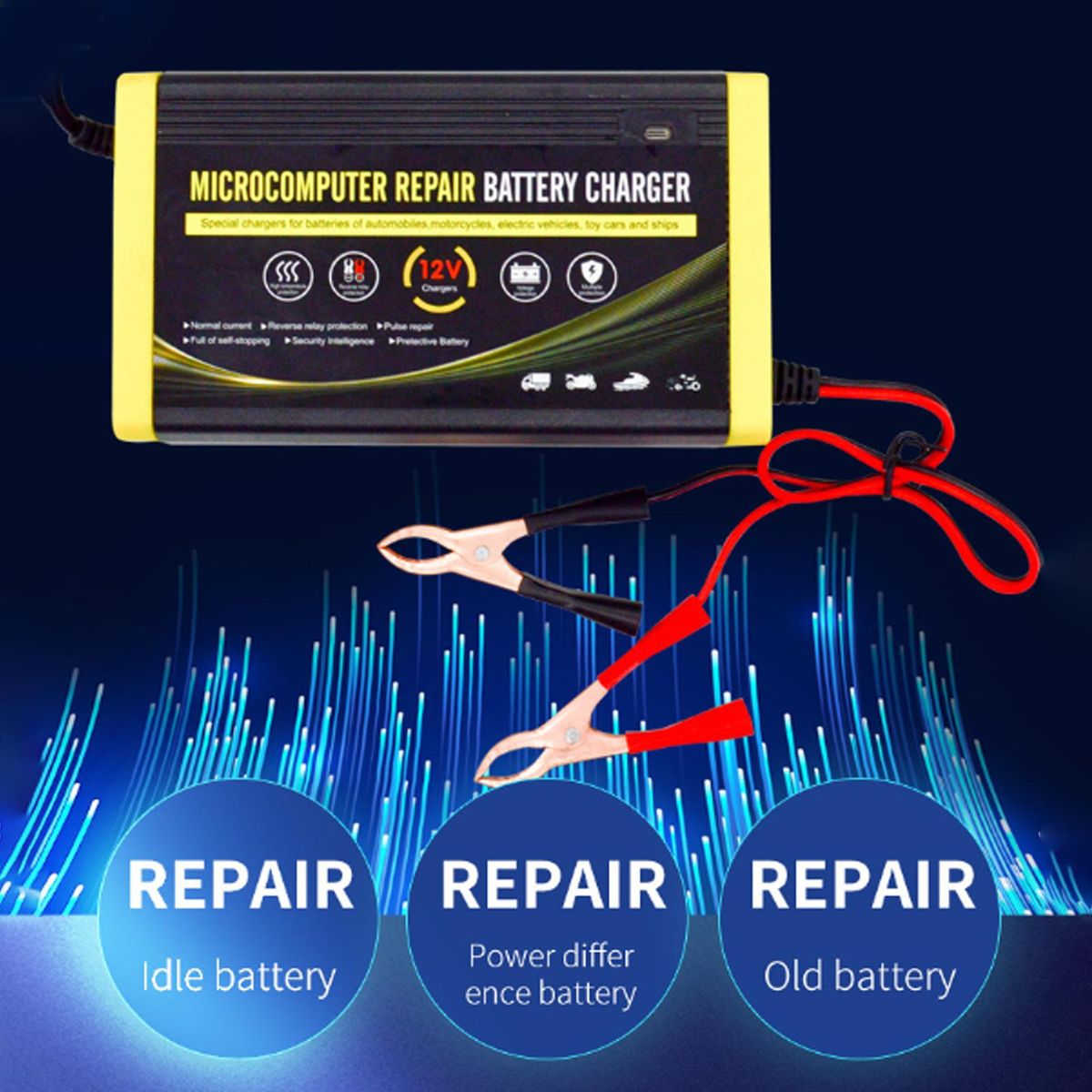 Car Battery Charger, 12V 6A Intelligent Repair Charger for Motorcycles, Cars, SUVs, Dry Batteries, Water Batteries, Lead Acid Batteries US Plug
