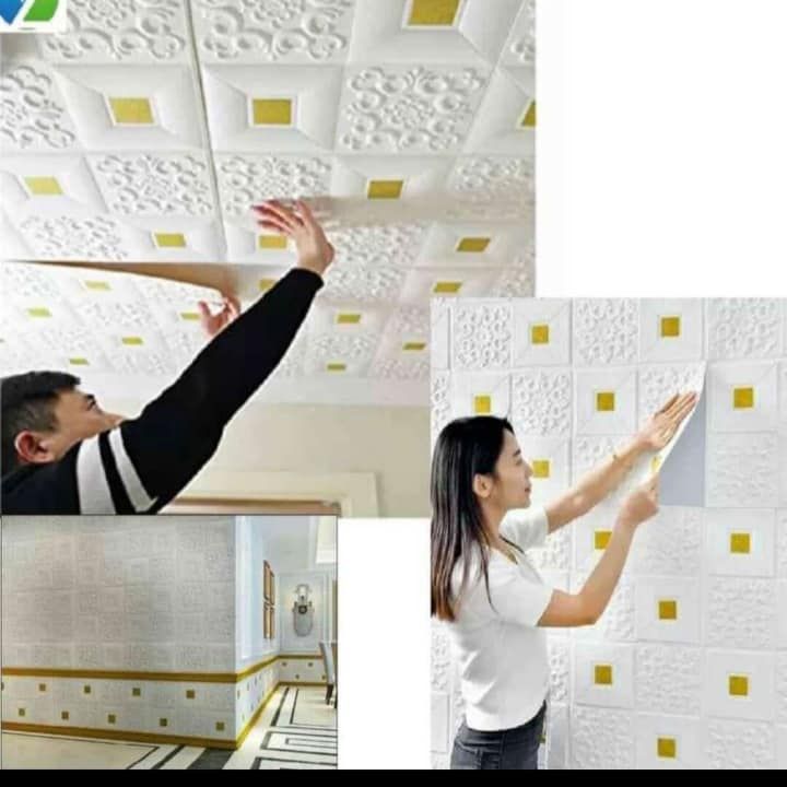 Adore Decor 3D White And Gold Foam Textured Pattern Wall Panels Wallpaper Self-Adhesive PE Foam Waterproof Modern Style For Living Room Bedroom Kitchen Wall And Ceiling Covering Background Decoration