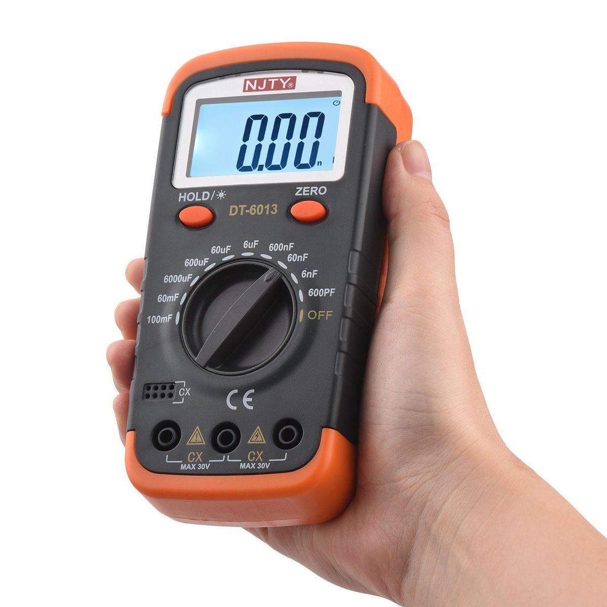 NJTY Digital Capacitance Meter with LCD Backlight Display 600pF to 100mF High Accuracy 6000 Counts Capacitor Tester Kit with Crocodile Clips and 0.2A Fuses