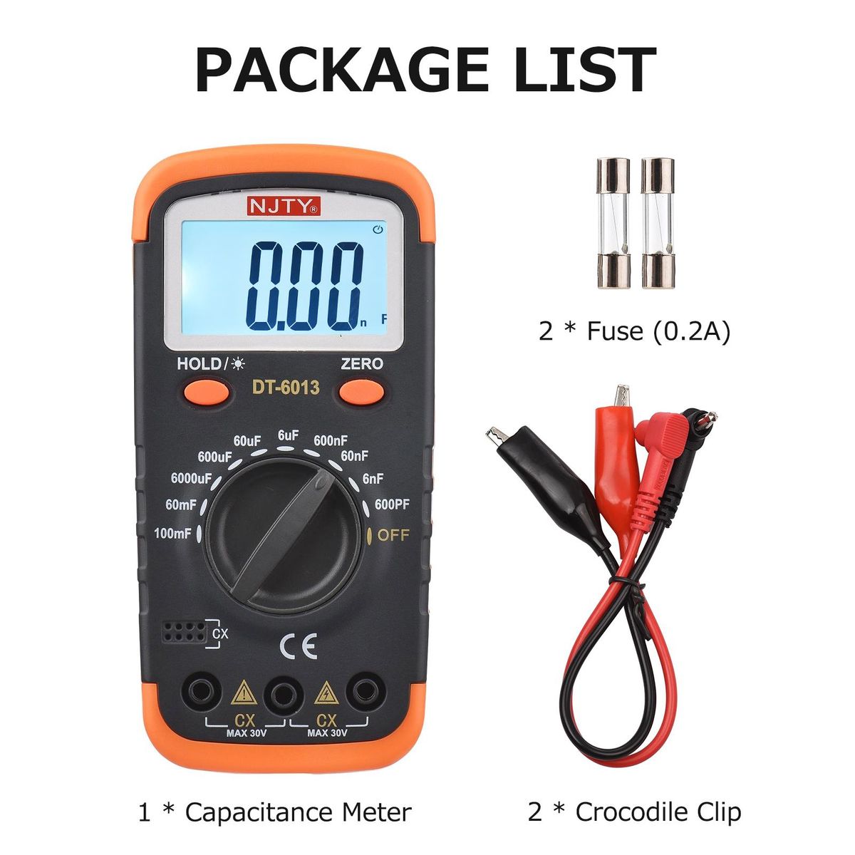 NJTY Digital Capacitance Meter with LCD Backlight Display 600pF to 100mF High Accuracy 6000 Counts Capacitor Tester Kit with Crocodile Clips and 0.2A Fuses