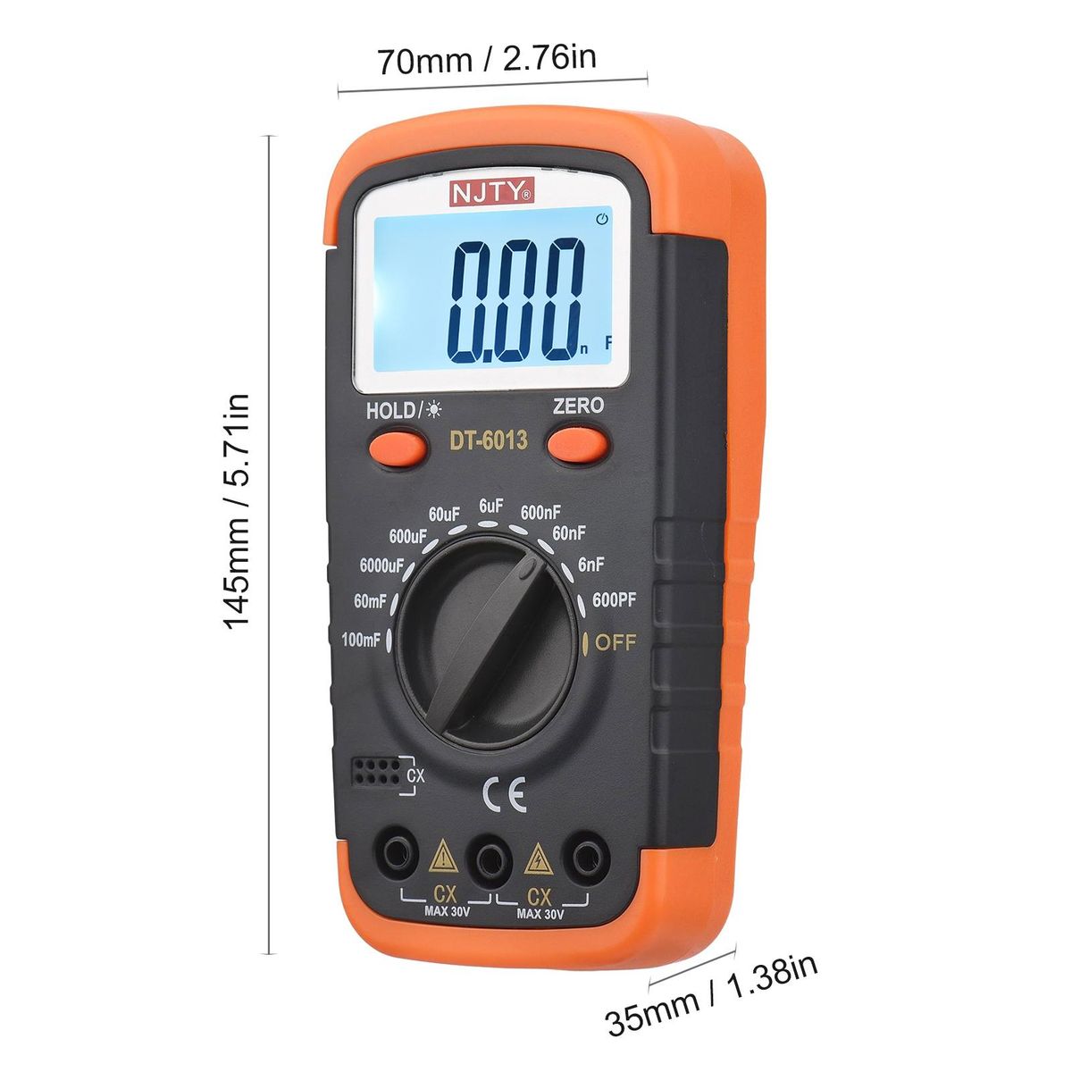 NJTY Digital Capacitance Meter with LCD Backlight Display 600pF to 100mF High Accuracy 6000 Counts Capacitor Tester Kit with Crocodile Clips and 0.2A Fuses