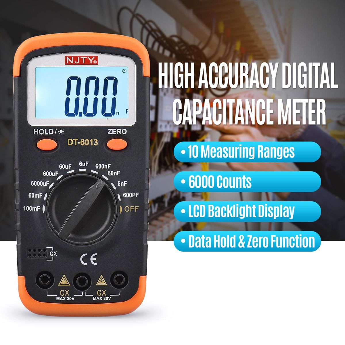 NJTY Digital Capacitance Meter with LCD Backlight Display 600pF to 100mF High Accuracy 6000 Counts Capacitor Tester Kit with Crocodile Clips and 0.2A Fuses