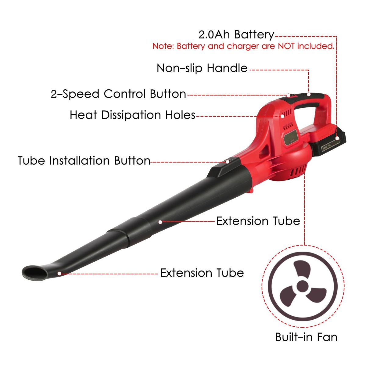 20V Cordless Electric Leaf Blower 2-Speed Control 60MPH/ 130MPH Portable Handheld Power Leaf Blower Sweeper with Extension Tubes 2.0Ah Battery Fast Charger for Gutter Yard Lawn Path Jobsite RED UK